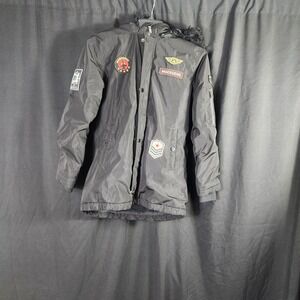 Kids MOERDENG Black Hooded Parka Jacket Patches and Faux Fur Trim Size 10-12